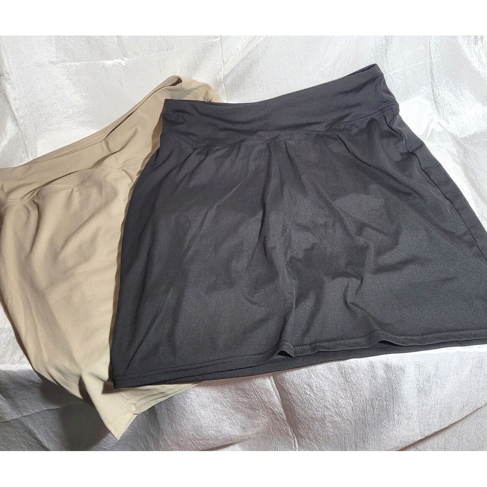 2 Real Essentials Polyester Shorts Skorts w/ Pockets - Black & Beige - Large